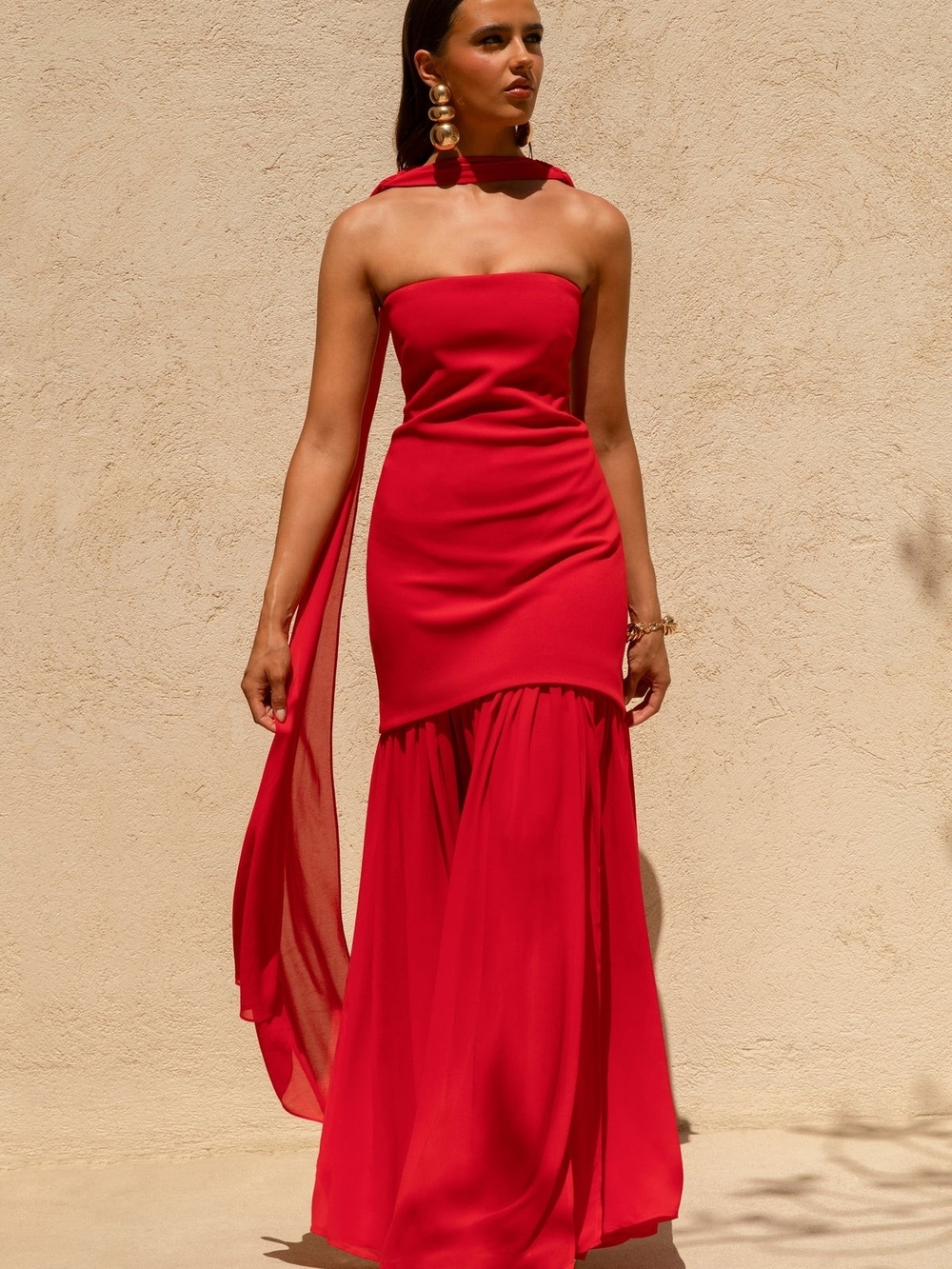 Club L London Strapless Red Maxi Dress with Scarf Detail